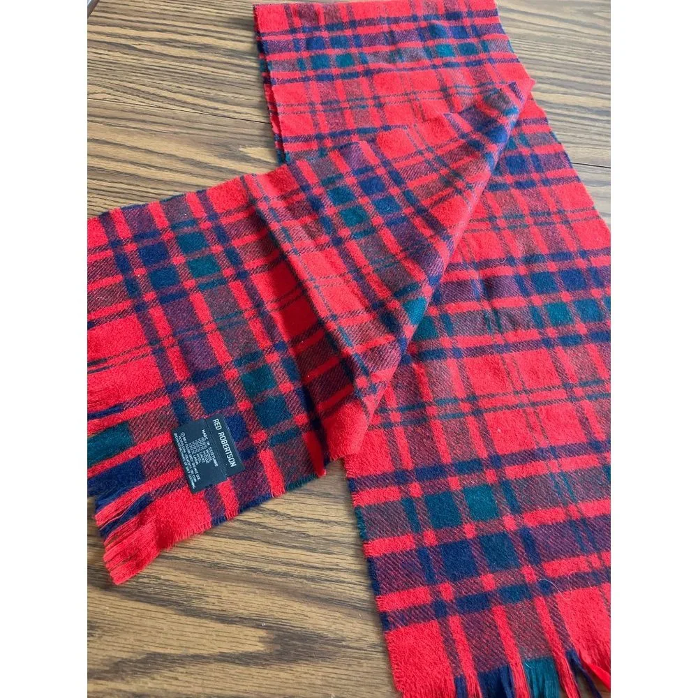 Red Robertson tartan red and black plaid wool scarf with fringe